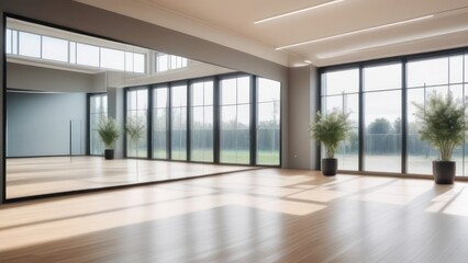 Fototapeta premium An image of a modern, spacious dance studio, featuring large mirrors along one wall, polished wooden floors, and floor-to-ceiling windows with natural light streaming in.