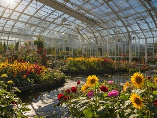 Lush greenhouse filled with vibrant flowers, greenery, bathed in sunlight streaming through glass roof. Bright yellow sunflowers, red roses, various other colorful blooms create lively.