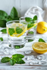 Fototapeta premium Close-up of glasses of delicious cool lemonade on a bright backdrop