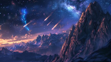 A breathtaking night sky with shooting stars over a majestic mountain range.