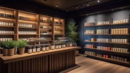 A modern, chic tea shop interior with an array of tea products elegantly displayed on wooden shelves.