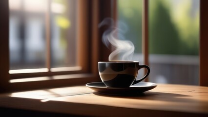 Fototapeta premium A warm, inviting scene of a rustic wooden table with a steaming cup of black coffee, a small ceramic bowl of fresh coffee beans, a delicate teaspoon, and a linen napkin.
