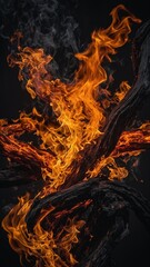 Fototapeta premium Bright orange flames engulf twisted, charred pieces of wood against dark background. Fire's intensity evident as it dances, flickers, creating vivid contrast with blackened wood.