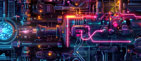 Schematic Diagram of a Complex Engineering Machine colorful glowing light. generative AI image