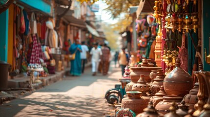 A bustling marketplace in India, filled with colorful goods and people shopping.