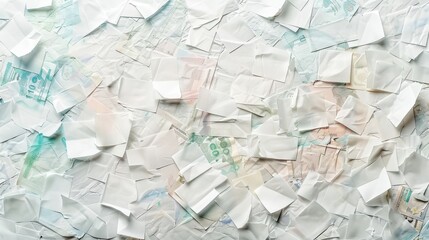 A chaotic abstract background of crumpled white paper with hints of color.