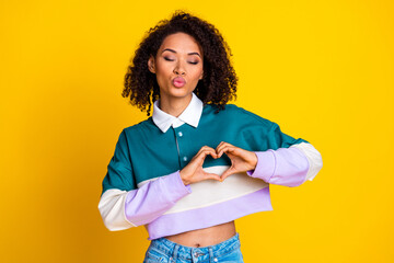 Photo of lovely woman with curly hairstyle dressed striped top show heart symbol send air kiss...