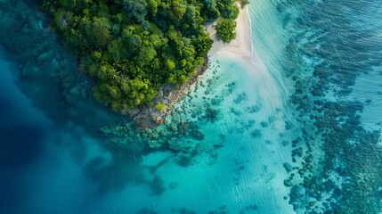 Paradise Found Aerial View of Tropical Island Oasis with Pristine Beaches Crystal Clear Waters and Vibrant Coral Reef Ideal for Travel Brochures and Adventure Tourism Promotions