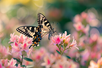The image features a butterfly on pink flowers with a blurred background. The flowers are of varying sizes and are located at different heights. Some flowers are closer to the viewer