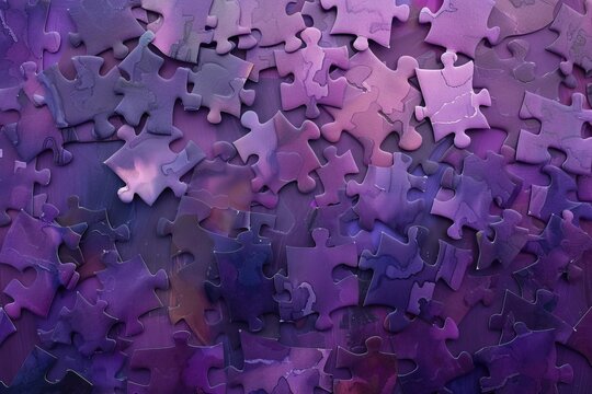 A close-up of a pile of purple jigsaw puzzle pieces. The pieces are scattered randomly, creating a textured background.