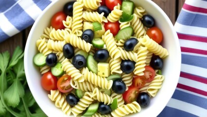 A wide image of a summer garden picnic scene with a focus on a large, colorful pasta salad.