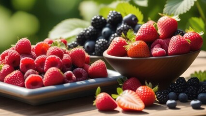 A wide-angle view of a rustic wooden table in a sunny garden setting, laden with various types of fresh berries (strawberries, blueberries, raspberries, blackberries) in ceramic bowls. 