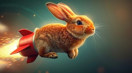 A cute rabbit explorer is shown riding on a rocket in a colorful, vibrant cartoon style. The background depicts an abstract, cosmic theme with sparks flying.