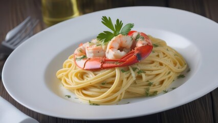 A close-up image showcasing a gourmet pasta dish: lobster linguine in a white wine and garlic sauce, garnished with fresh parsley.
