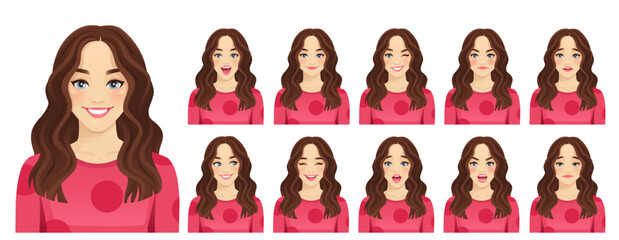 Young beautiful woman with curly hair different facial expressions set isolated vector illustration