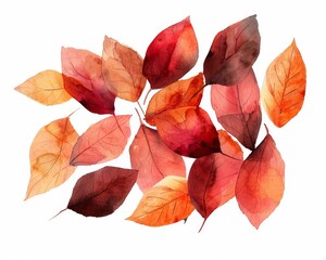 Fototapeta premium A cluster of red, orange, and brown autumn leaves arranged on a white background.