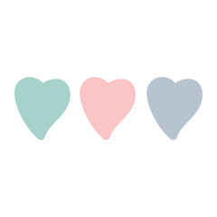 Three pastel colored heart shapes in mint green, light pink, and light gray