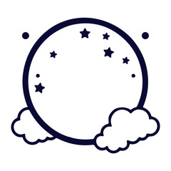 A circular frame with clouds and stars
