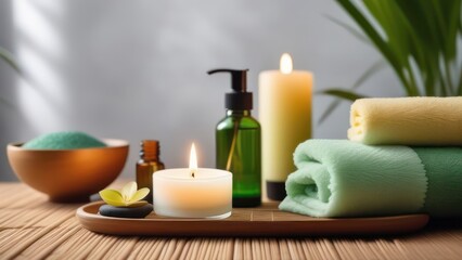 Spa setting with natural skincare products arranged on a bamboo mat. 