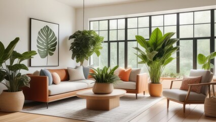 Fototapeta premium A vibrant, eclectic living space with a focus on large, leafy tropical plants.
