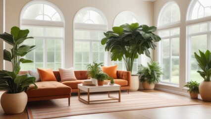 A vibrant, eclectic living space with a focus on large, leafy tropical plants.