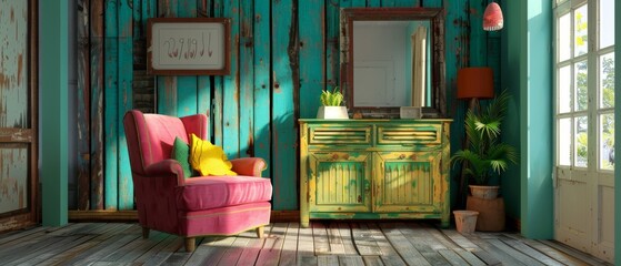 A cozy living room with a pink armchair, wooden dresser and a green wall.