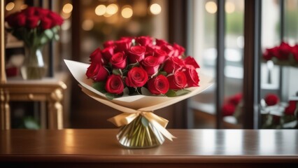 Image of an elegant bouquet of red roses, wrapped in tied with a silky golden ribbon.