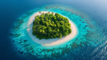 Paradise Found Aerial View of Tropical Island Oasis with Vibrant Coral Reef and Lush Greenery Perfect for Travel Promotions and Nature Documentaries