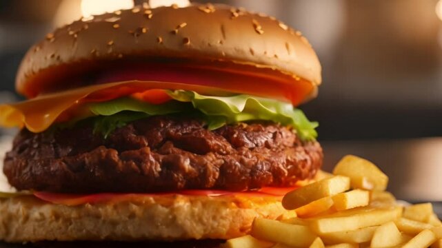 ready-to-eat hamburger with french fries