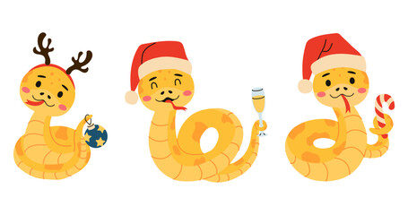 Set of cartoon cute snakes isolated on white background. Little child snake characters.