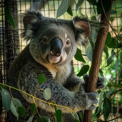 Obraz premium A cute koala bear sits on a eucalyptus branch, looking directly at the camera with a playful expression.