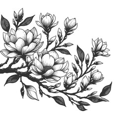 magnolia branch in bloom, exquisite flowers sketch engraving generative ai vector illustration. Scratch board imitation. Black and white image.