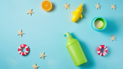 sunscreen cream, beach toys and cute animal-shaped figures on a blue background