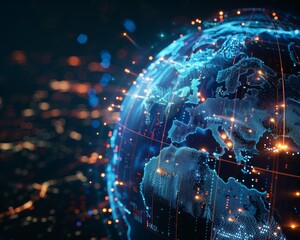 Fototapeta premium A digital rendering of a glowing blue globe with connected lines and data points, representing global connectivity and data flow.