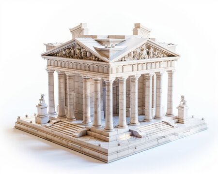 A detailed model of a classical temple with a columned facade and a stepped base.