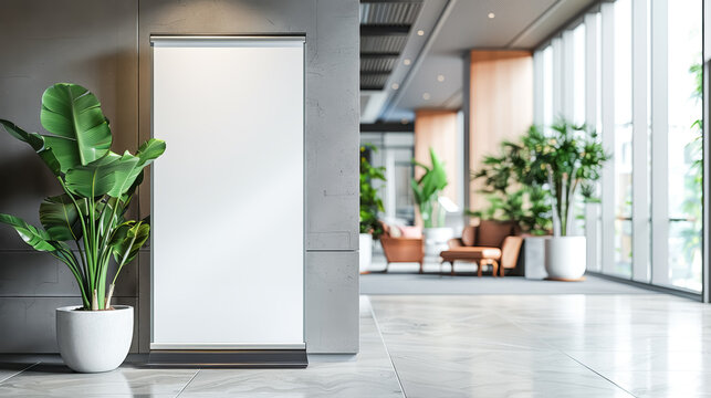 blank empty roll up mockup poster stand in an business center or meeting office room at company entrance as wide banner design with, copy space
