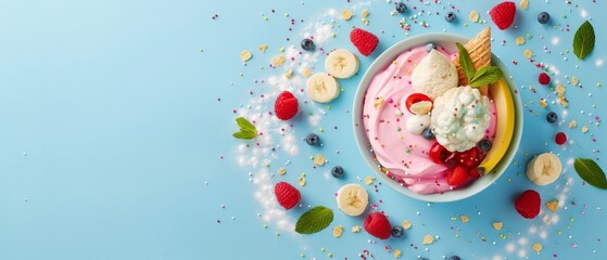 Colorful ice cream bowl with fresh fruits and confetti on blue background. Perfect summer dessert concept, top view.