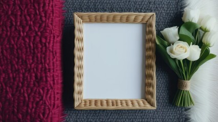 Picture frame, bouquet of flowers in wicker tray on rug