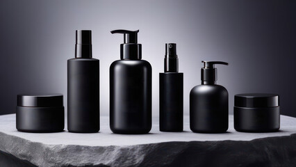 Black cosmetic bottles set on stone table. 