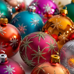 A festive collection of colorful Christmas ornaments with snowflake designs.