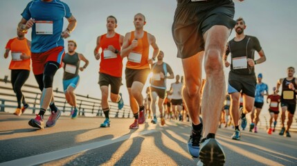 A group of runners participating in a road race marathon. The runners are captured mid-stride on a sunny day, with their bib numbers clearly visible.