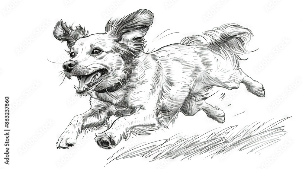 Canvas Prints a monochromatic illustration of a dog in motion with a frisbee clutched in its jaws against a pristi