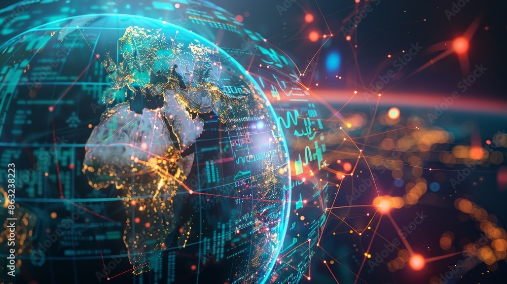 Poster a futuristic, digital globe with glowing lines and data streams, symbolizing global connectivity and