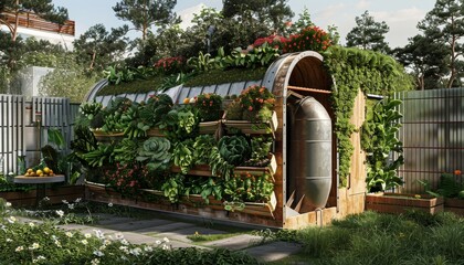 Naklejka premium A futuristic, eco-friendly home made of metal and wood, covered in lush greenery. The house is surrounded by nature and features a small patio with fruit.