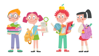 Back to school set of cute doodle schoolchildren characters. Boys and girls. School facilities, childrens school. Vector cartoon illustration