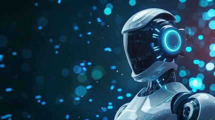 A futuristic robot with glowing blue lights in a dark environment.