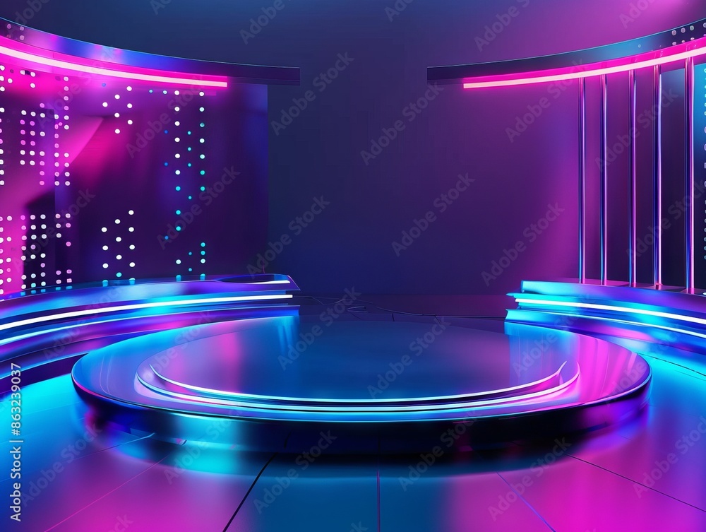 Aufkleber a futuristic stage with neon lights and a circular platform. the background features a glowing wall 