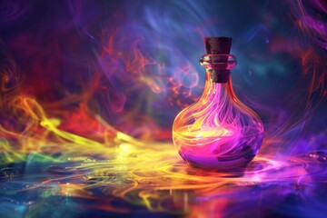 A glass bottle filled with colorful liquid and surrounded by swirling smoke