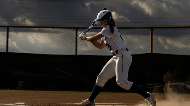action shot of female softball player swinging a bat. - Powered by Adobe