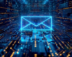 Obraz premium A glowing blue email icon floating over a futuristic, digital circuit board.